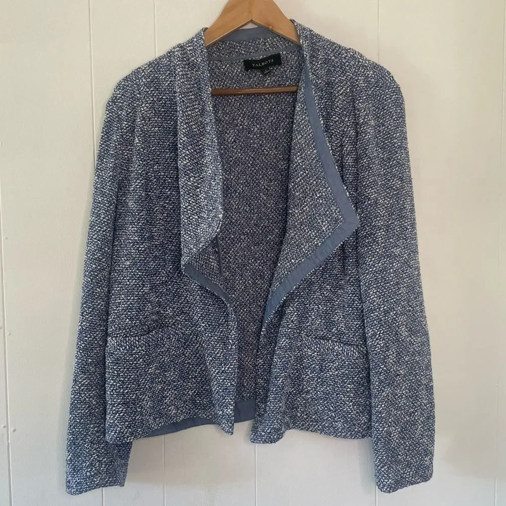 Talbots Open Front Waterfall Blazer Jacket Blue Tweed Boucle Cotton Size Large - Picture 2 of 15